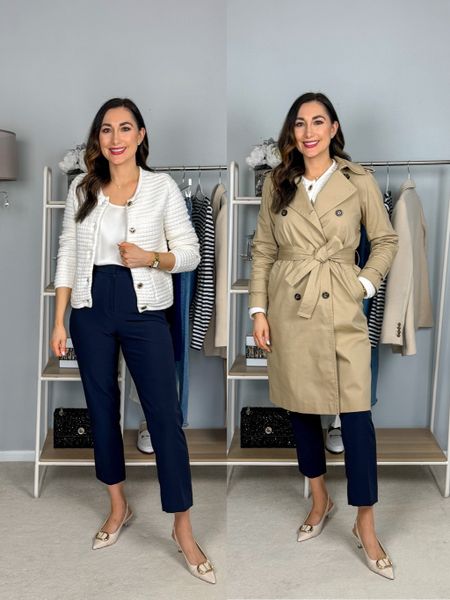 Work outfit with and without trench coat 🩷

White cardigan size small, TTS
White satin shell size small, fits big 
Navy high waisted pants size 4 reg, TTS
Ivory kitten heel sling backs size 7, TTS
Trench coat (linked similar)

Spring essentials 
Spring work wear 
Office outfit 
Classic outfit 

#LTKshoecrush #LTKSeasonal #LTKworkwear