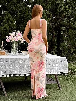Amazon.com: HTZMO Women Elegant Summer Bodycon Maxi Dress Halter Neck Formal Wedding Guest Cockta... | Amazon (US)