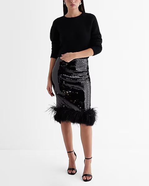 Mid Rise Sequin Feather Hem Midi Pencil Skirt | Express