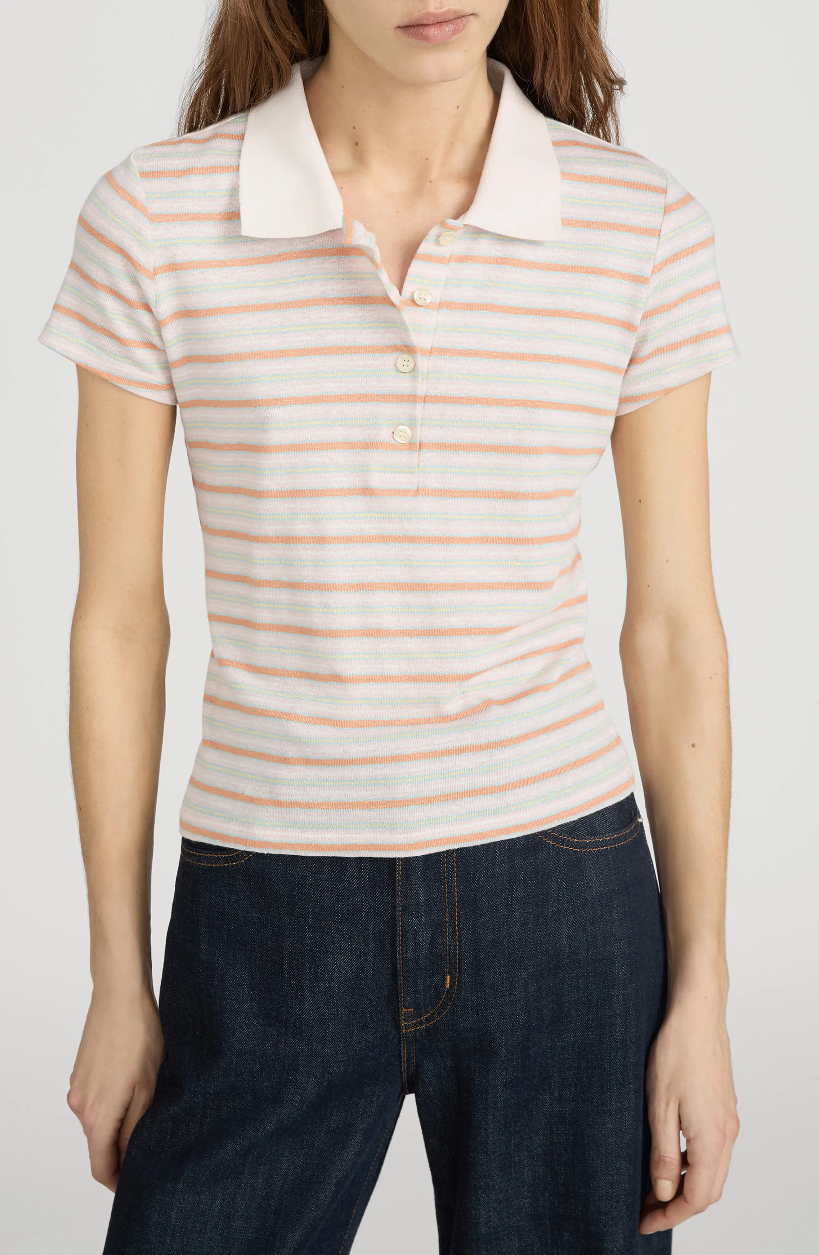 FRAME The Striped Polo in Pink Sand Multi at Nordstrom, Size X-Large | Nordstrom