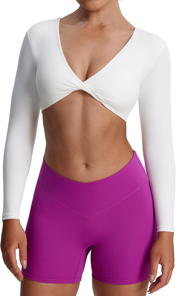 Aoxjox Long Sleeve Crop Tops for Women Sienna Twist Deep V Workout Cropped T Shirt Top | Amazon (US)