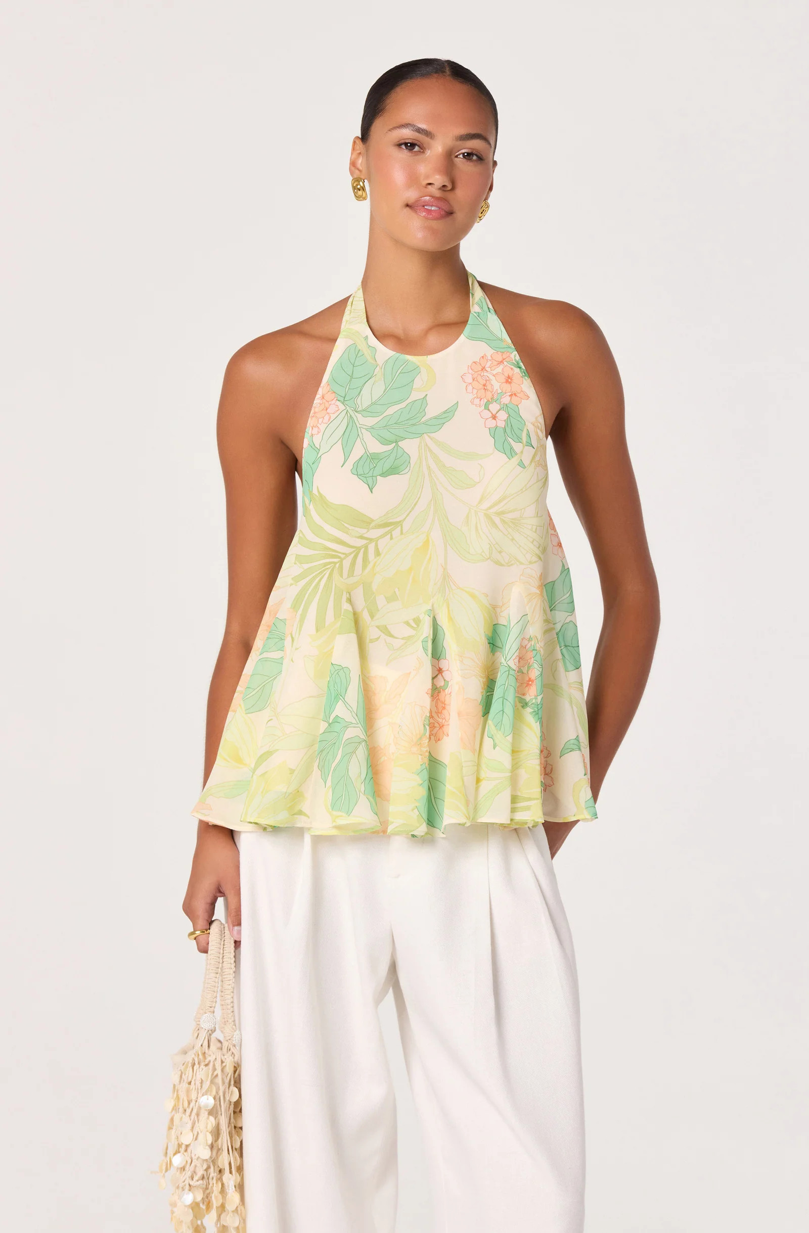 Belen Tropical Print Halter Top - Green peach tropical / XS | ASTR The Label (US)