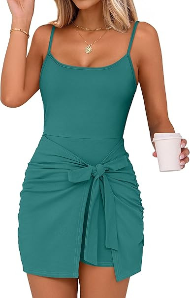 Caracilia Womens Summer Mini Dresses,Spaghetti Strap Tie Waist Bodycon Dress,Built in Shorts,Casu... | Amazon (US)