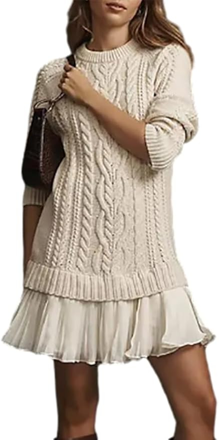 Womens Cable Knit Sweater Dress 2025 New Crewneck Long Sleeve Turtleneck Pleated Mini Dress Casua... | Amazon (US)
