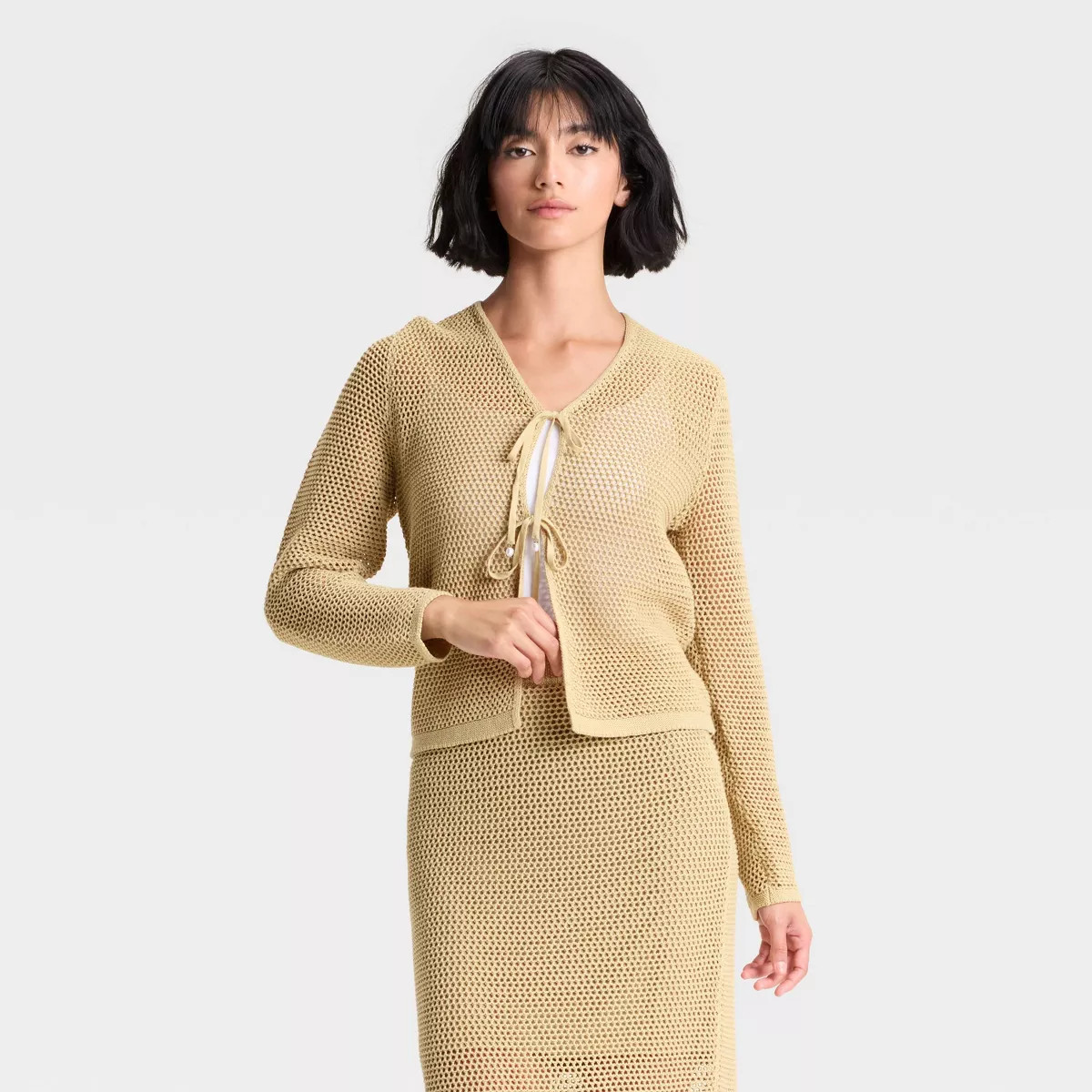 Women's Crochet-Style Tie Cardigan - A New Day™ Tan XS | Target