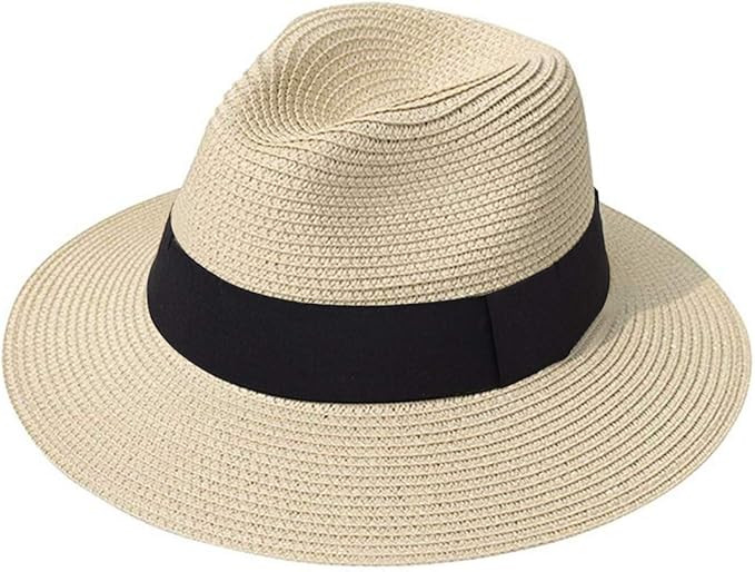 Lanzom Women Wide Brim Straw Panama Roll up Hat Belt Buckle Fedora Beach Sun Hat UPF50+ | Amazon (US)