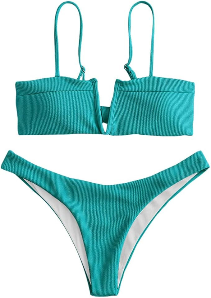 ZAFUL Women's V-Wire Padded Ribbed High Cut Cami Bikini Set Two Piece Swimsuit | Amazon (US)
