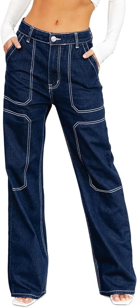 Sidefeel Women's Cargo Jeans Casual Loose Mid Rise Wide Leg Denim Pants | Amazon (US)