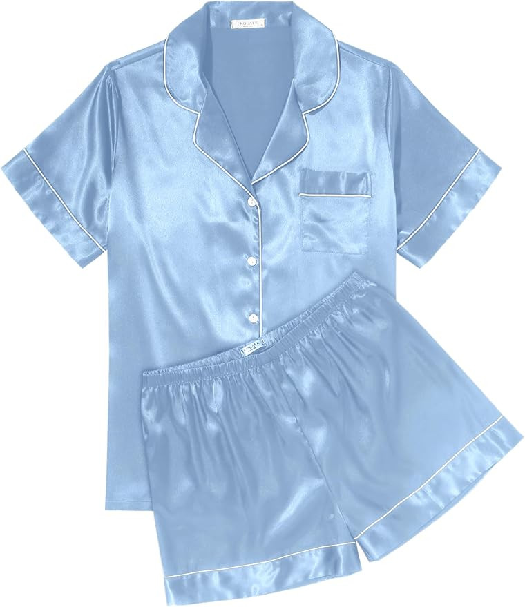 Ekouaer Womens Silk Satin Pajama Sets Soft Short Sleeve Button Down Sleepwear Top and Shorts 2 Pi... | Amazon (US)