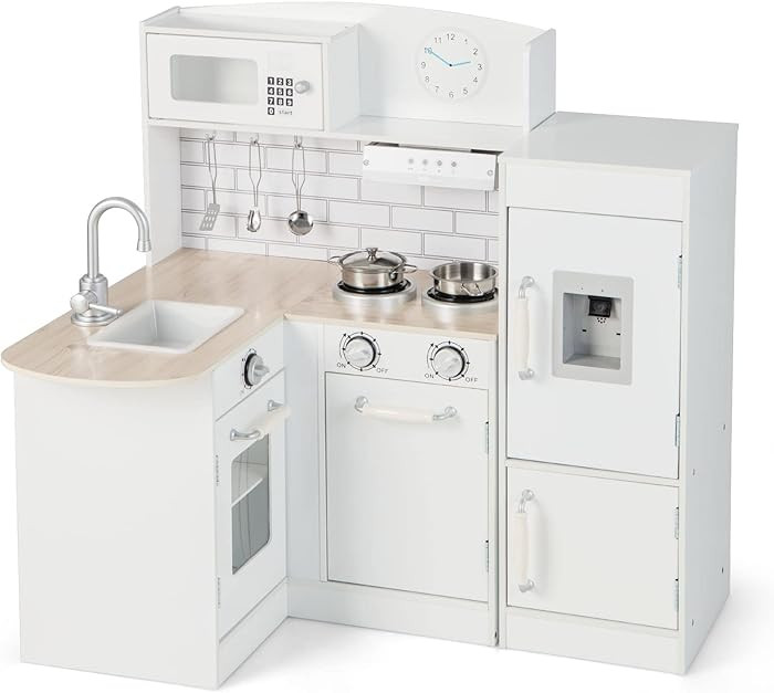 HONEY JOY Corner Kids Kitchen Playset, Little Chef Wooden Play Kitchen for Toddlers, Modular Pret... | Amazon (US)