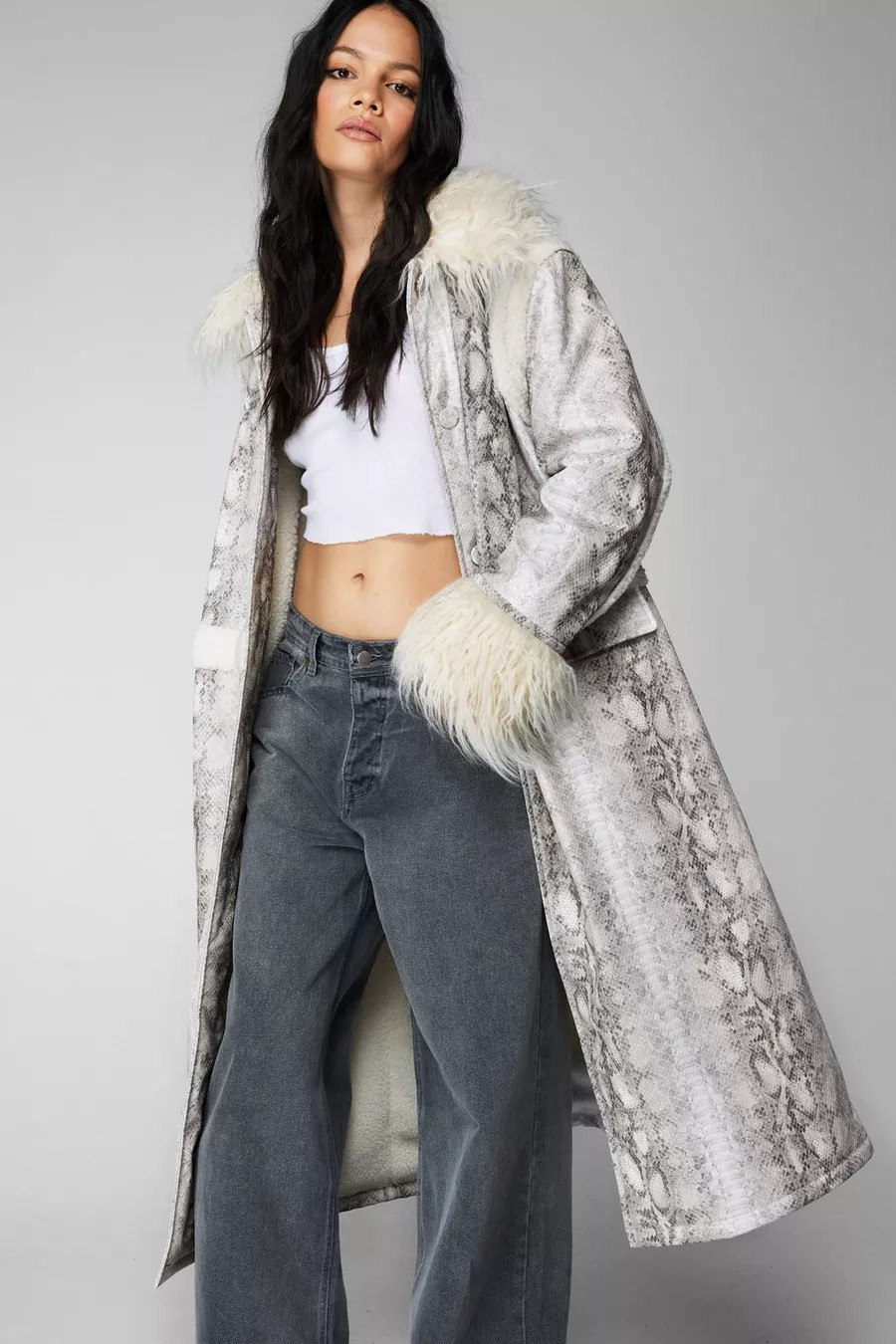 Snake Print Shearling Trim Longline Aviator Coat | Nasty Gal US