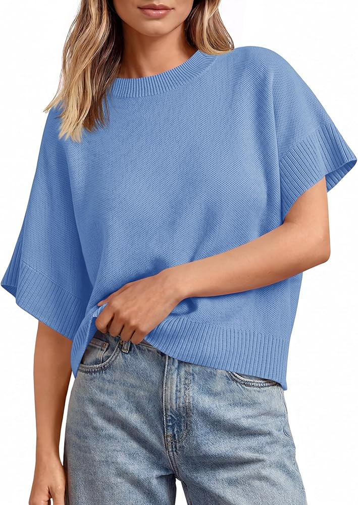 Saodimallsu Womens Short Sleeve Sweaters Crew Neck Lightweight Casual Loose Fit Summer Knit Pullo... | Amazon (US)