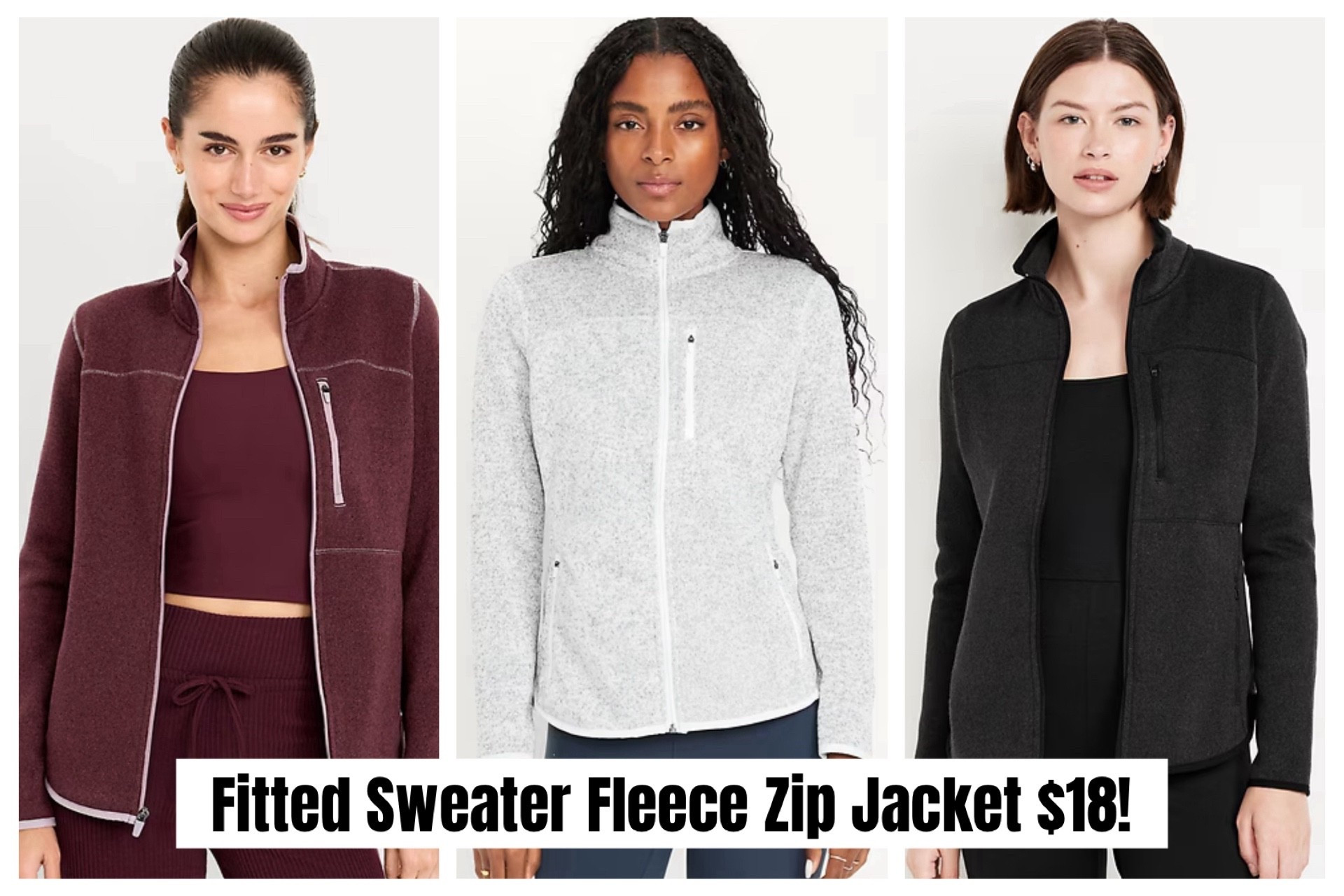 Good Morning! Old Navy has their super popular Fitted Sweater Fleece Zip Jackets down to only $18 today - normally $44.99! This is an incredible 60% off deal for these super cozy zip ups that are great on their own, or as layering pieces under other jackets for cold days. Several excellent color choices available! 

#LTKSaleAlert #LTKSeasonal #LTKGiftGuide