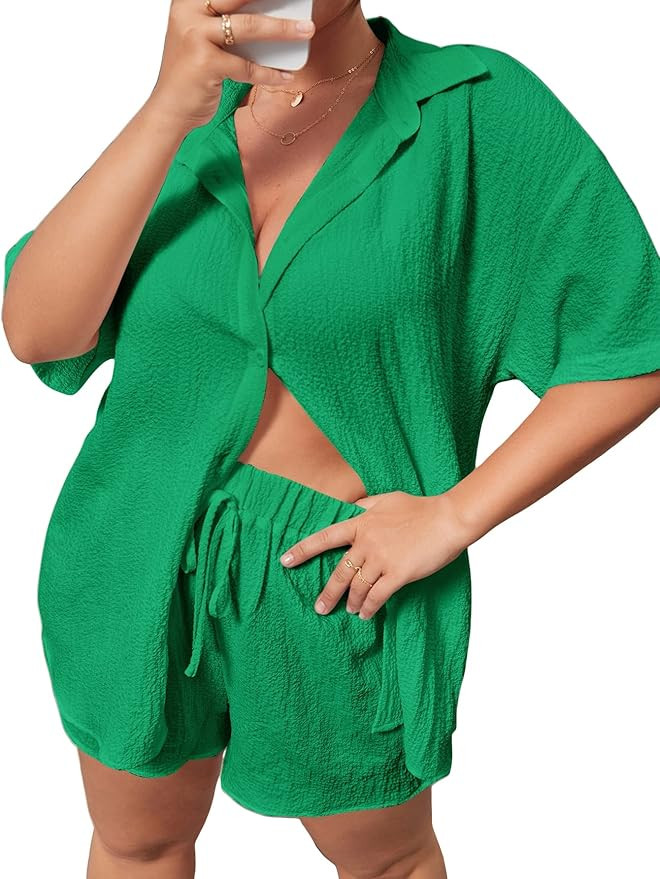 MakeMeChic Women's Plus Size Casual 2 Piece Outfits Long Sleeve Button Down Blouse and Shorts Set | Amazon (US)