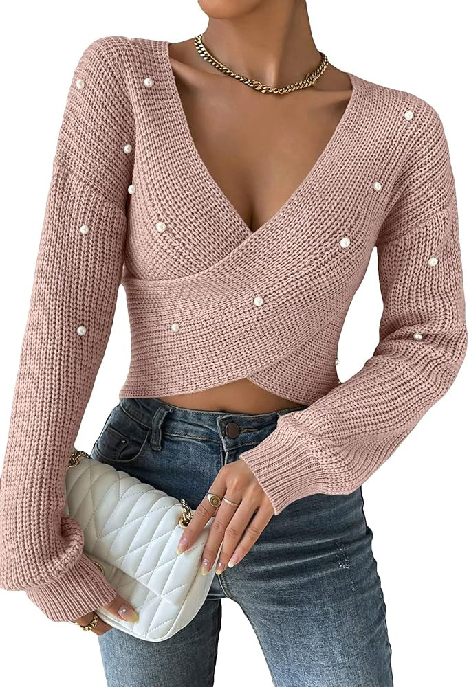 WDIRARA Women's Pearls Beaded Wrap Front Sweater Deep V Neck Drop Shoulder Long Sleeve Casual Cro... | Amazon (US)