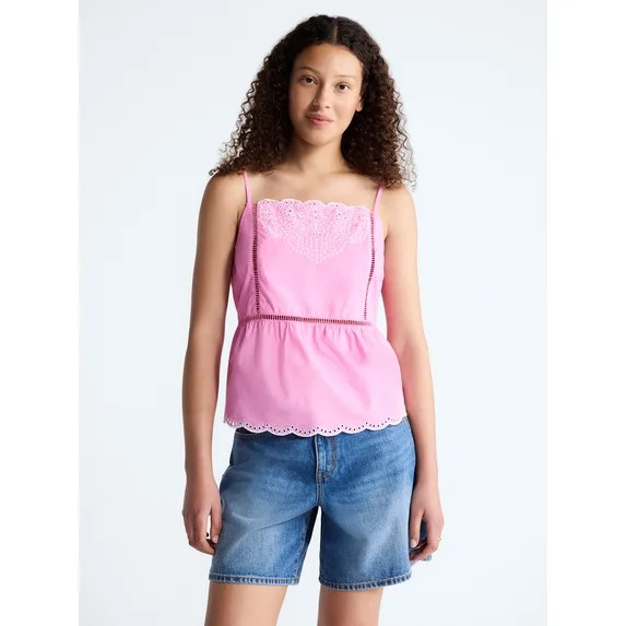 Free Assembly Women's Embroidered Cotton Tank Top with Peplum Hem, Sizes XS-XXL | Walmart (US)