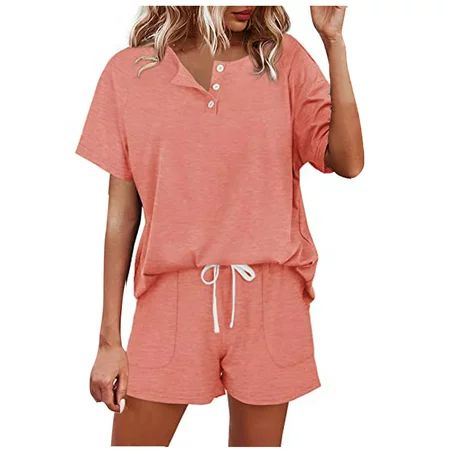 Two Piece Outfits for Women Lounge Sets Button Down Top and Shorts Set Sweatsuits Solid Color Outfit | Walmart (US)