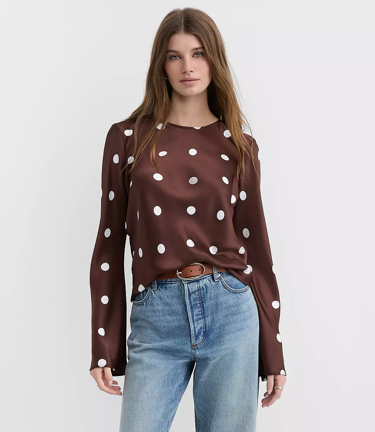 Dotted Satin Bell Sleeve Top | LOFT