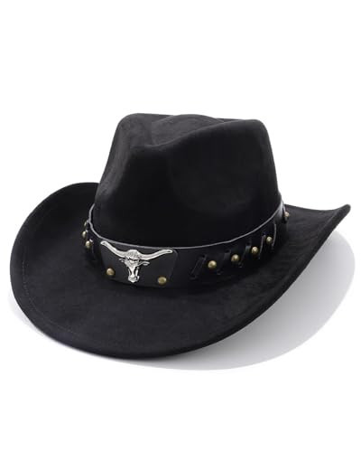 Cowgirl Cowboy Hats for Women Men Wide Brim Western Hat Classic Fedora Hat with Hat Belt Band Style for Rodeo Western Party, Black(Longhorn Bull Decoration), One Size | Amazon (US)