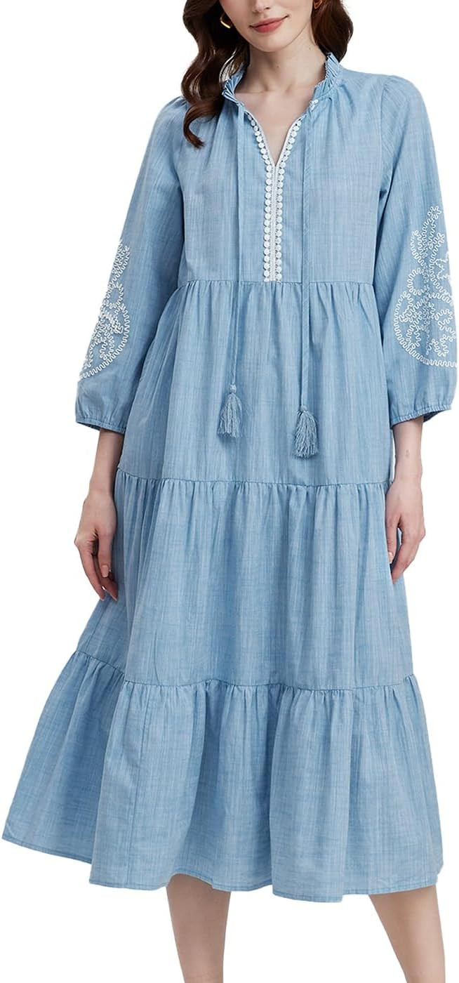 D-Sun Embroidered Maxi Dress for Women Casual Cotton 3/4 Sleeve V Neck Tiered Flowy Fall Maxi Lon... | Amazon (US)