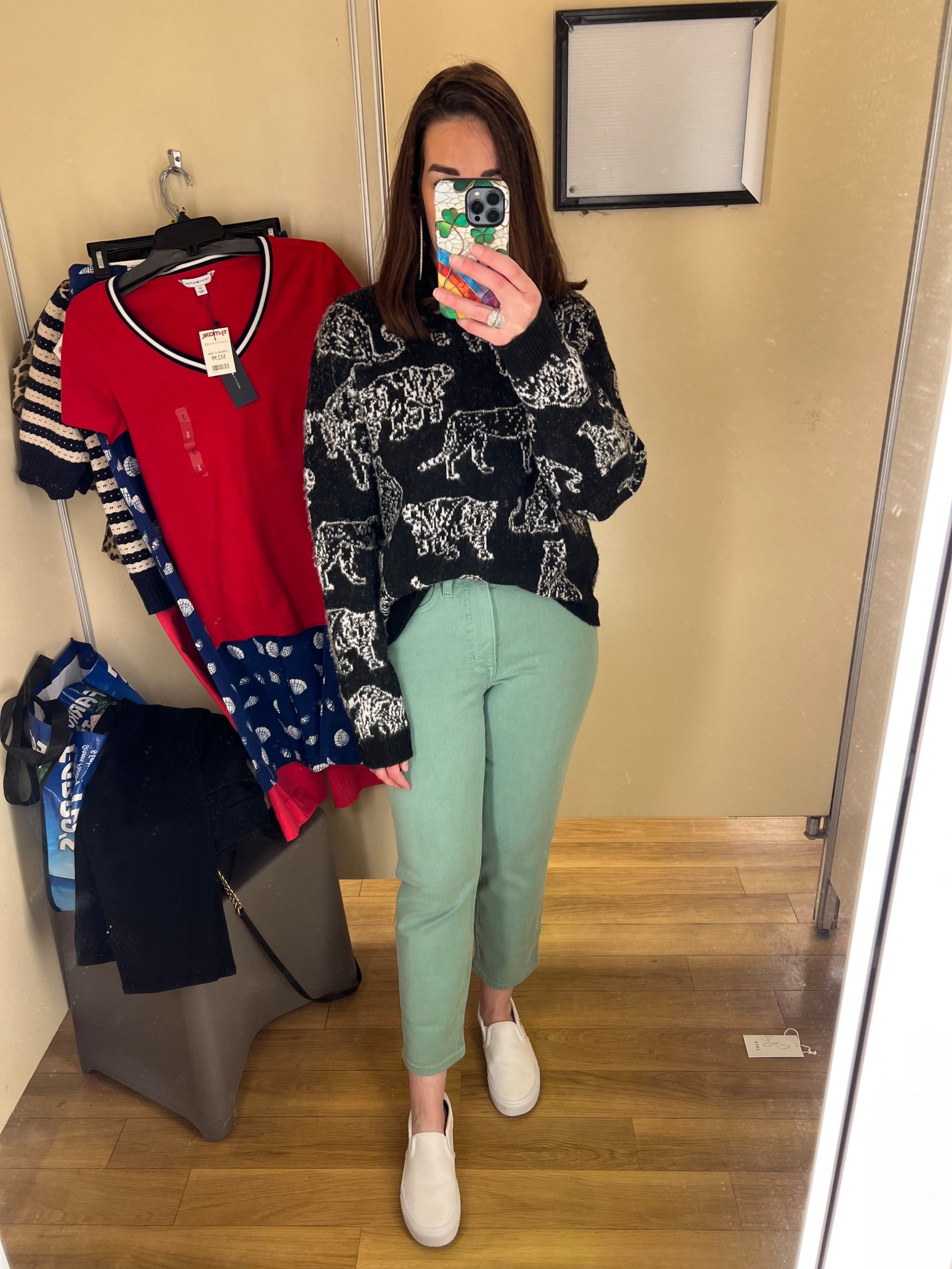 Black leopard sweater (s). Mint green jeans (27). White slip on sneakers (8.5). #sweater #blacksweater #leopardsweater #jeans #mintgreenjeans #sneakers #whitesneakers #sliponsneakers #springoutfit 
spring outfits 2026 @tjmaxx  @DSW 

#LTKSeasonal #LTKootd