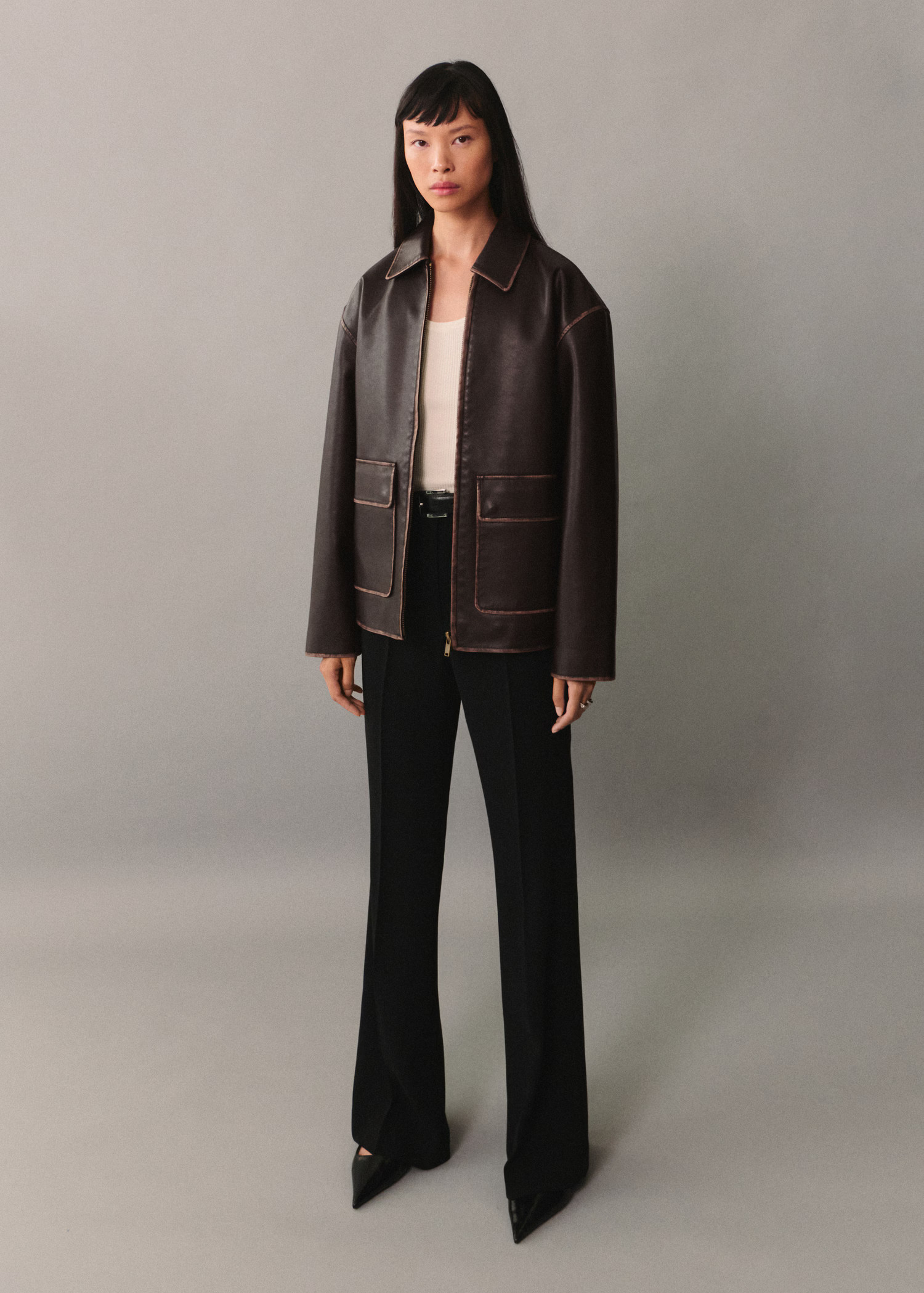 Leather-effect jacket with contrast stitching | Mango (US/MX/AU)