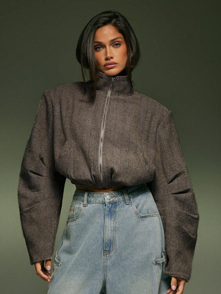 Denimoi Elastic Waist High Neck Cropped Zip Front Herringbone Jacket | SHEIN