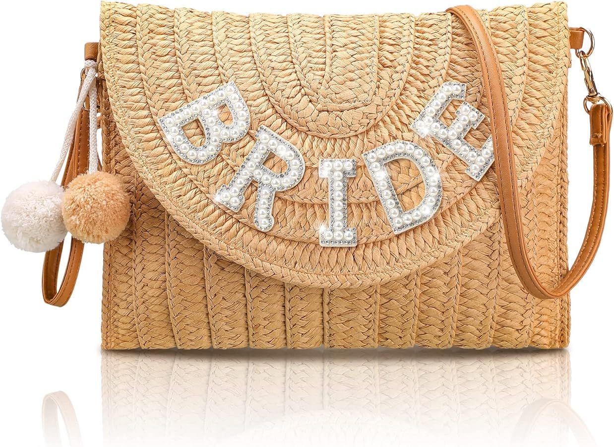 Bride Straw Shoulder Bag Woven Envelope Wallet Pearl Rhinestone Wedding Vacation Purse Honeymoon ... | Amazon (US)