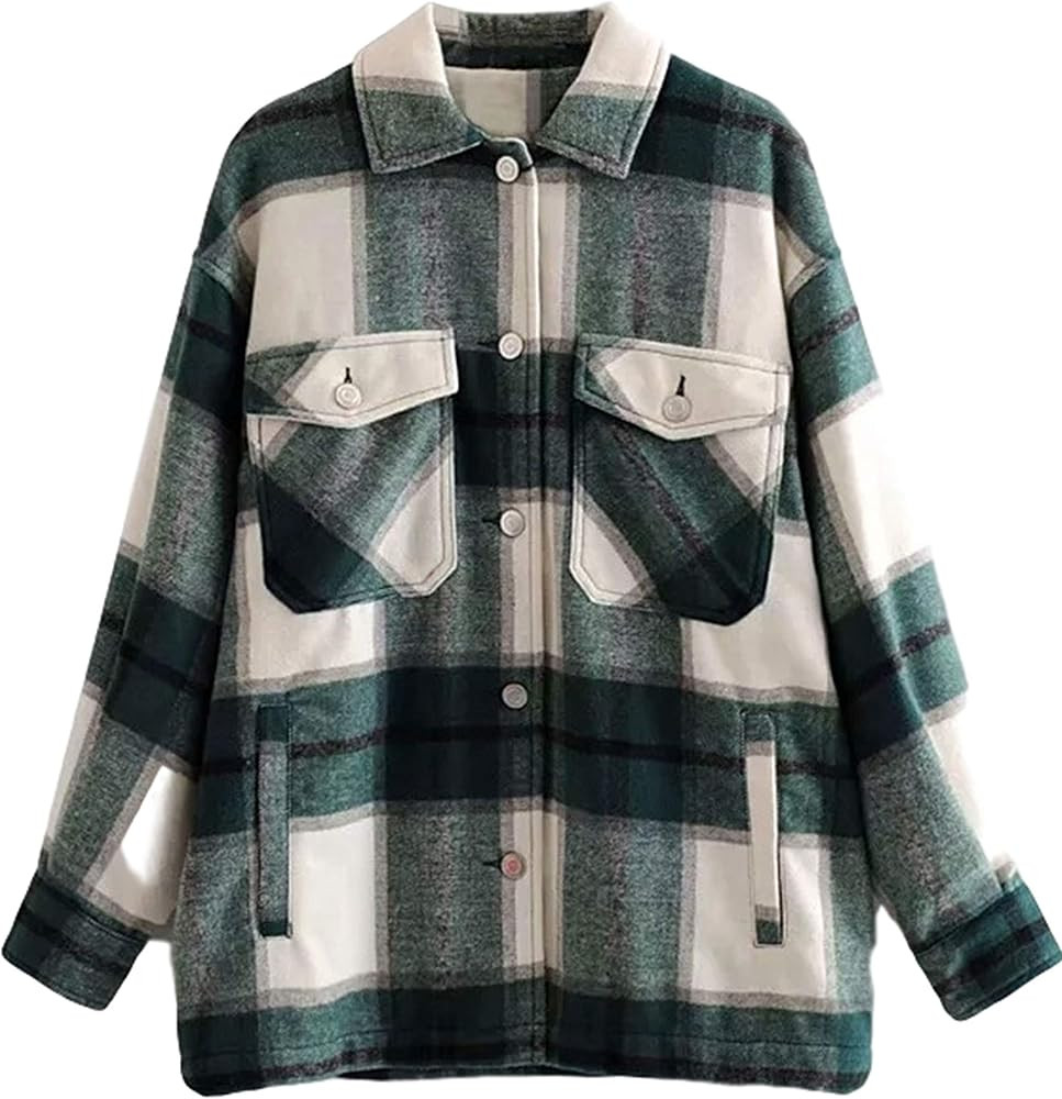 Women's Casual Loose Button Down Wool Blend Plaid Shirt Jacket Shacket | Amazon (US)