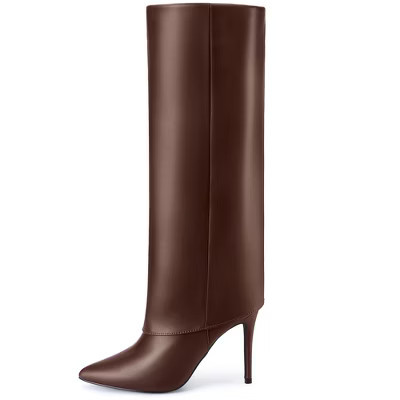 BLISSFUL STEP Women's Fold Over Pointed Toe Zipper Stiletto Heel Knee-High Dress Boots 9.5 Brown | Target