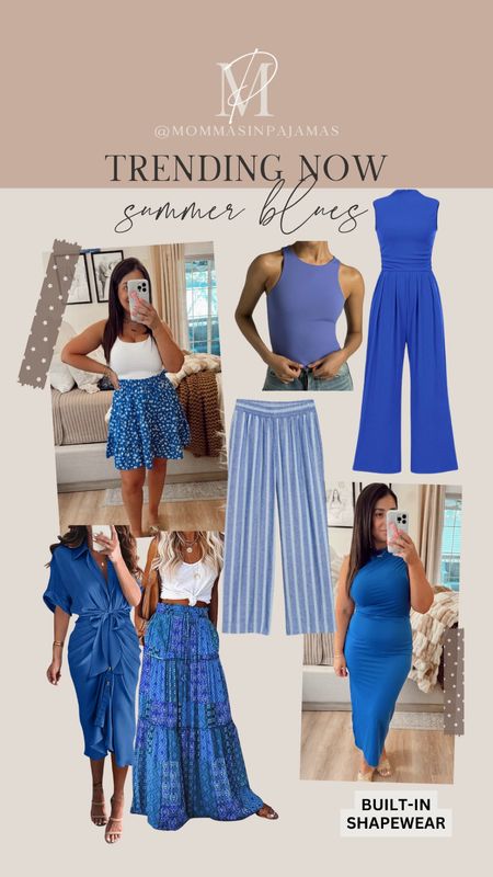 Now trending for summer: summer blues! Blues are so in for wedding guest dresses, shower dresses, and date night outfits. These are all petite friendly and bigger busy friendly💙🩵💙 Blue dress, blue pinstripes, blue jumpsuit, blue floral skirt, Amazon finds, Old Navy finds, blue tank top

#LTKSeasonal #LTKsalealert #LTKfindsunder50