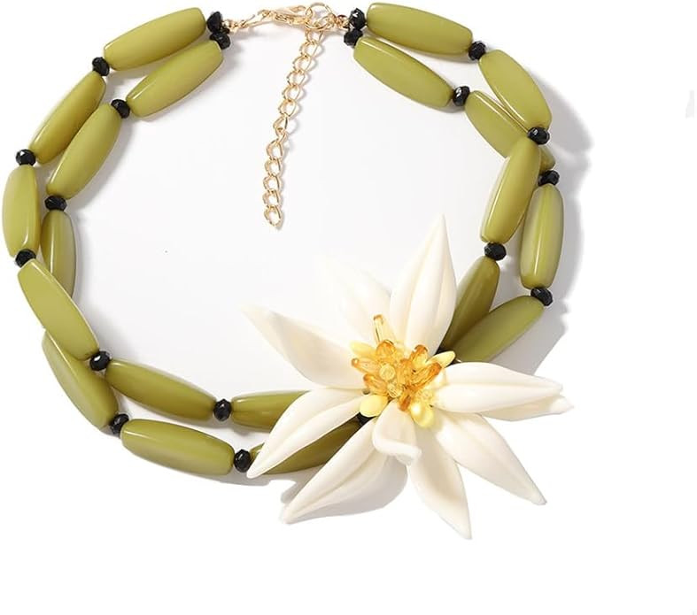 Dtja Large Flower Bamboo Pendant Choker Necklace for Women Fashion Unique White Blossom Green Cha... | Amazon (US)