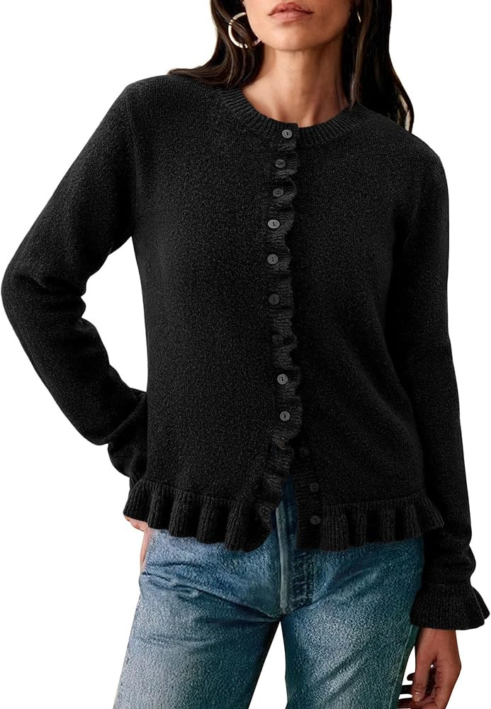 PRETTYGARDEN Womens Fall Button Down Cardigans Chunky Knit Ruffle Open Front Cropped Cardigan Swe... | Amazon (US)