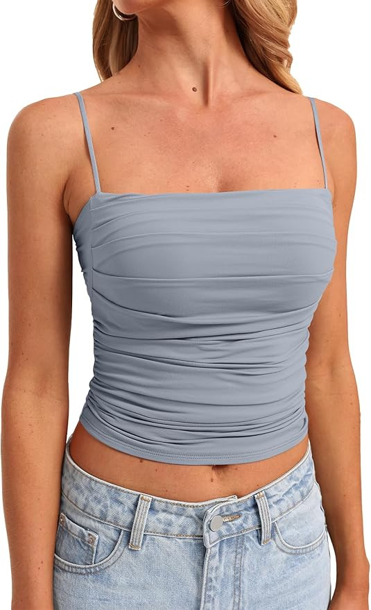 Darong Women Padded Double Lined Ruched Tank Tops Bulit in Bra Summer Spaghetti Strap Going Out C... | Amazon (US)