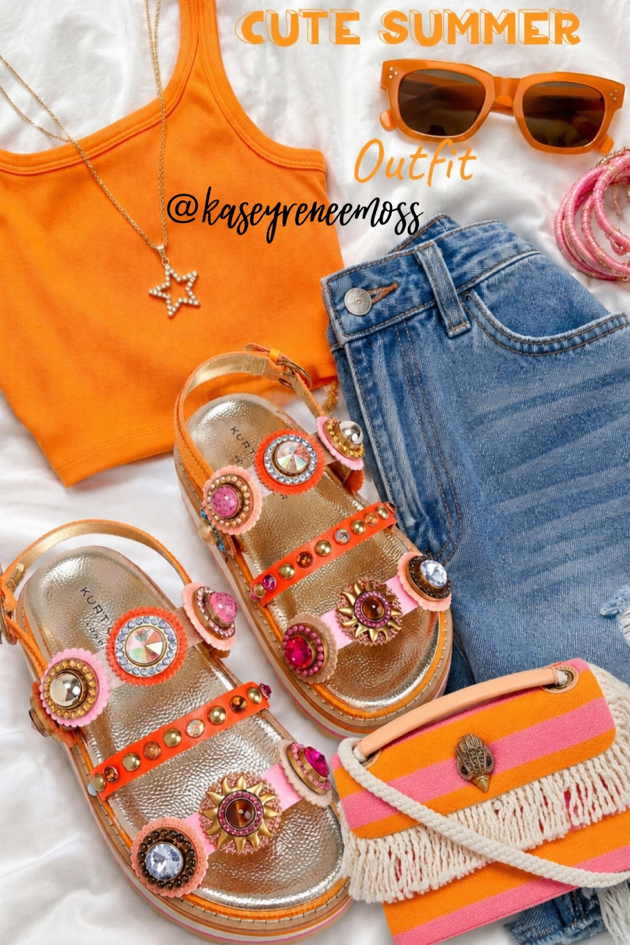 Super cute stylish summer outfit paired with the Octavia Slingback Platform Sandal and KURT'S CABANA MINI KENSINGTON FRINGE BAG from Kurt Geiger London. Shop links below…