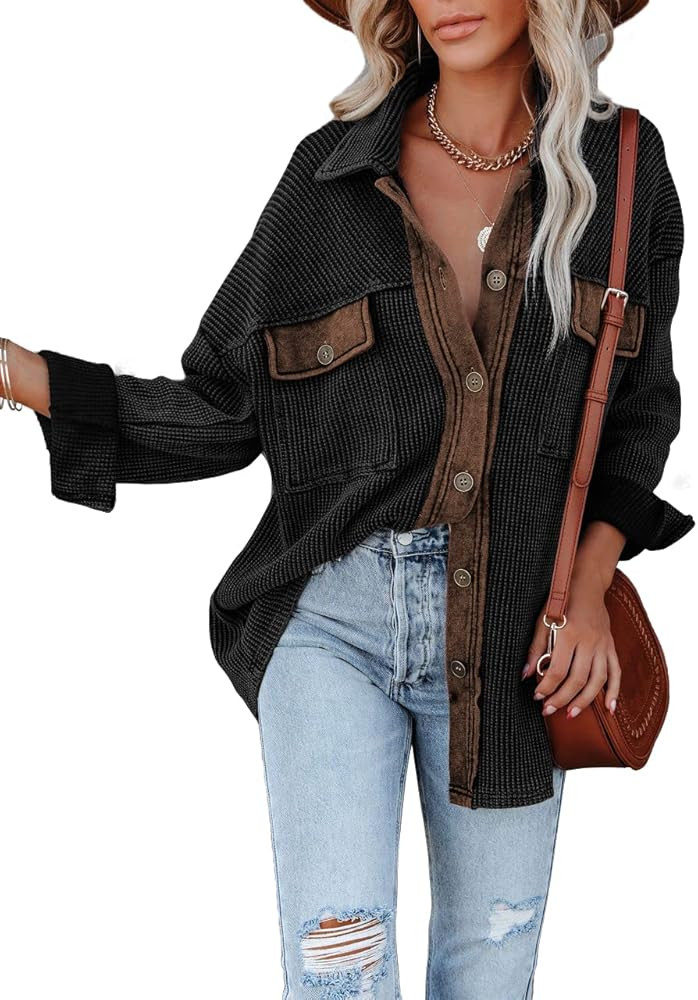 Womens Shacket Jacket Button Down Shirts Casual Long Sleeve Blouses Tops Must Have Cardigan Coat for | Amazon (US)