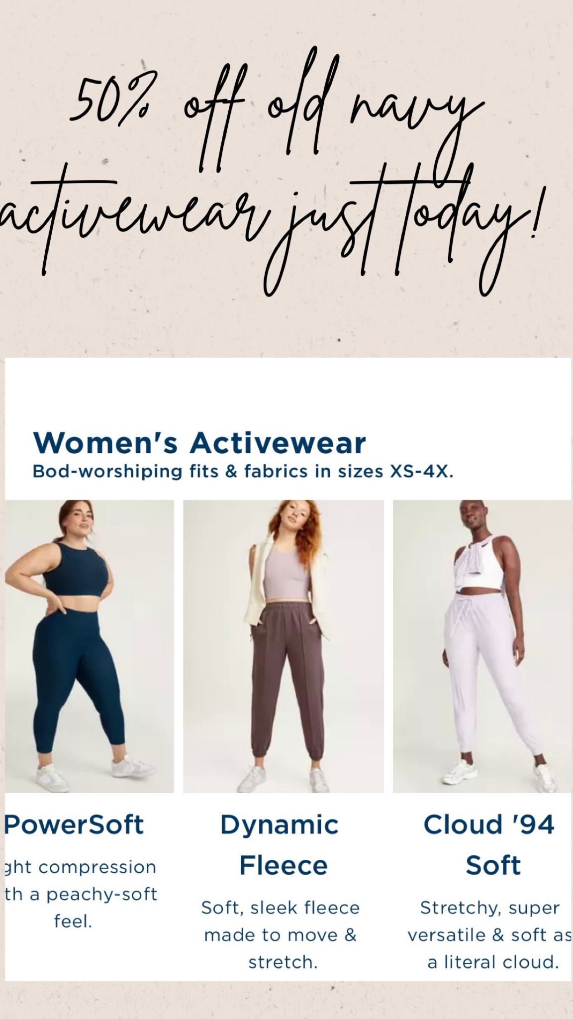 Old navy activewear sale today!!
50% off! 

Sale. Old navy. Deals. Holiday shopping. Fitness. Gym wear. Mom wear. Outfits. 

#LTKGiftGuide #LTKfitness #LTKsalealert