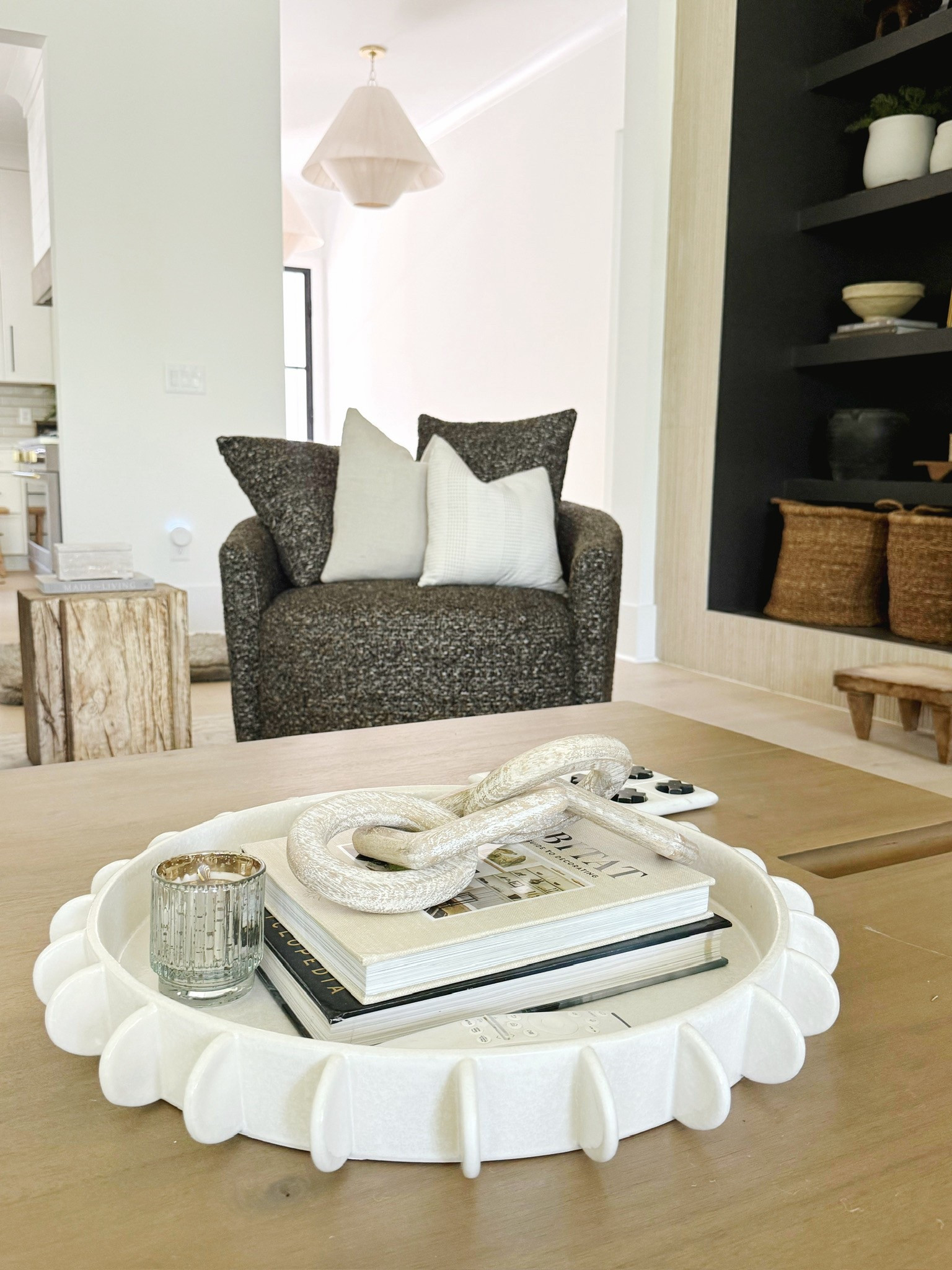 Modern classic transitional living room, modern farmhouse, coffee table styling, coffee table tray 
#porcheandco 

#LTKHome #LTKSeasonal #LTKStyleTip