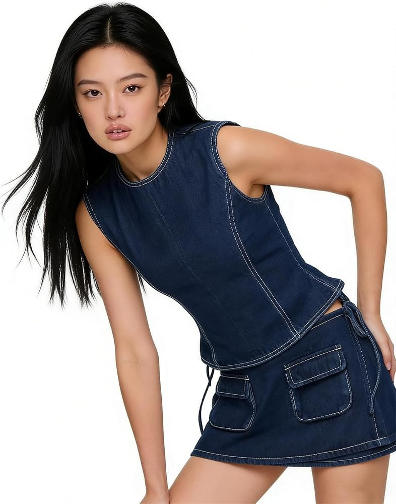 Women Denim O-Neck Cami, Sleeveless Backless Fitted Camisole Tank Tops | Amazon (US)