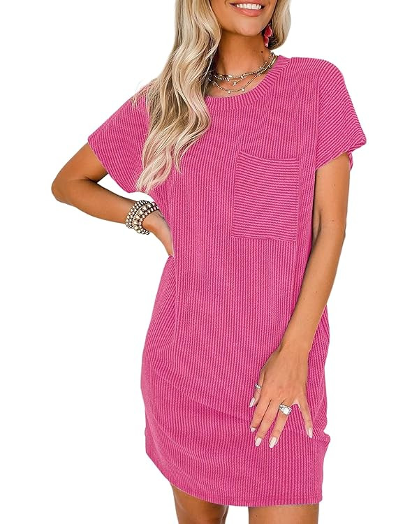 Acelitt Womens Casual Summer Crewneck Short Sleeve Ribbed Mini Tshirt Dress, XS-3XL | Amazon (US)