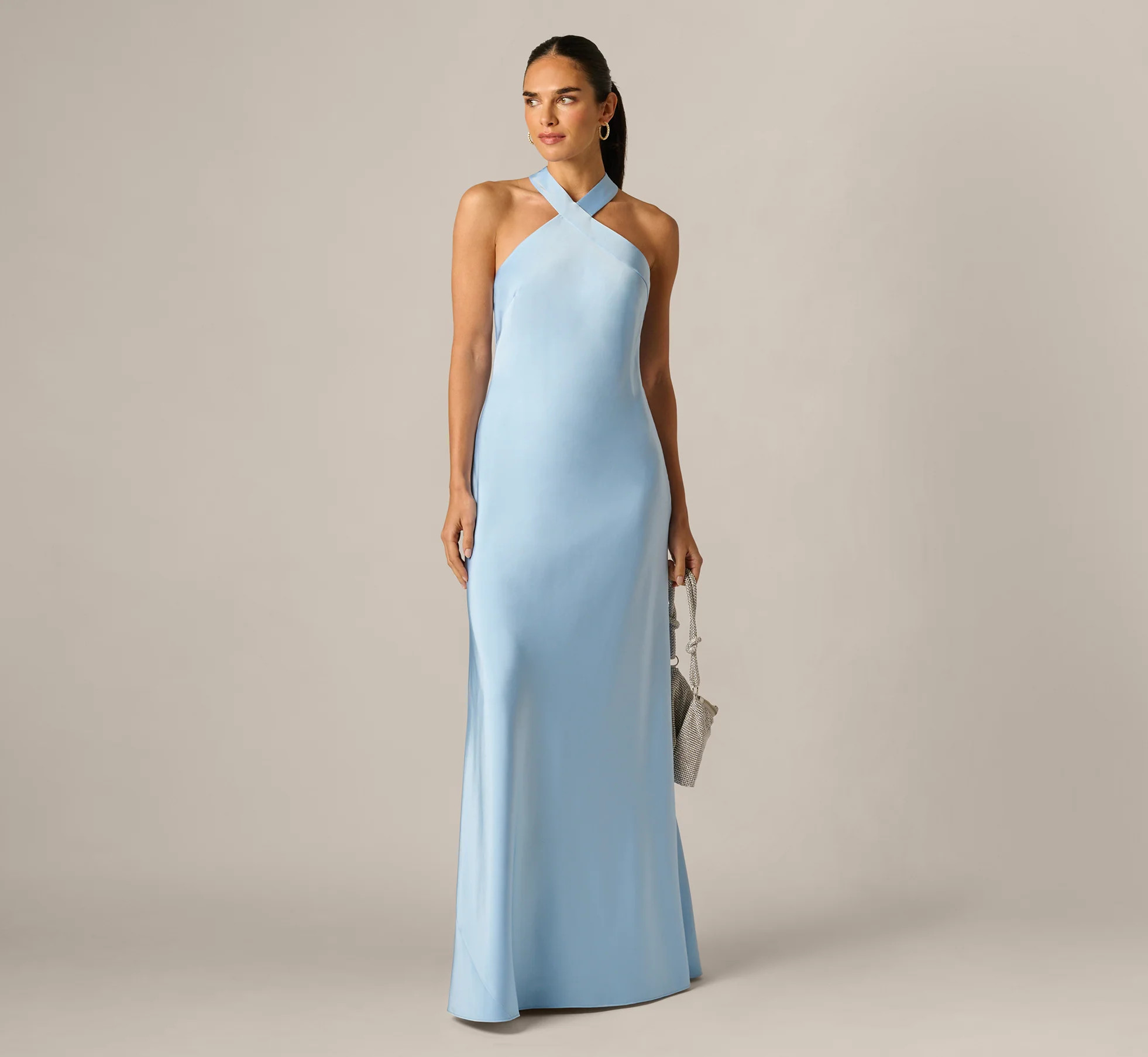 Bias Cut Stretch Satin Scarf Halter Gown In Azure Blue | Adrianna Papell