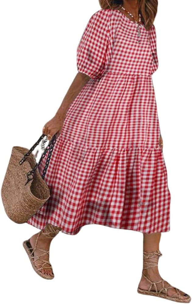 chouyatou Women's Retro Lantern Puff Sleeve Plaid Dress Gingham Swing Tiered Midi Long Dress | Amazon (US)