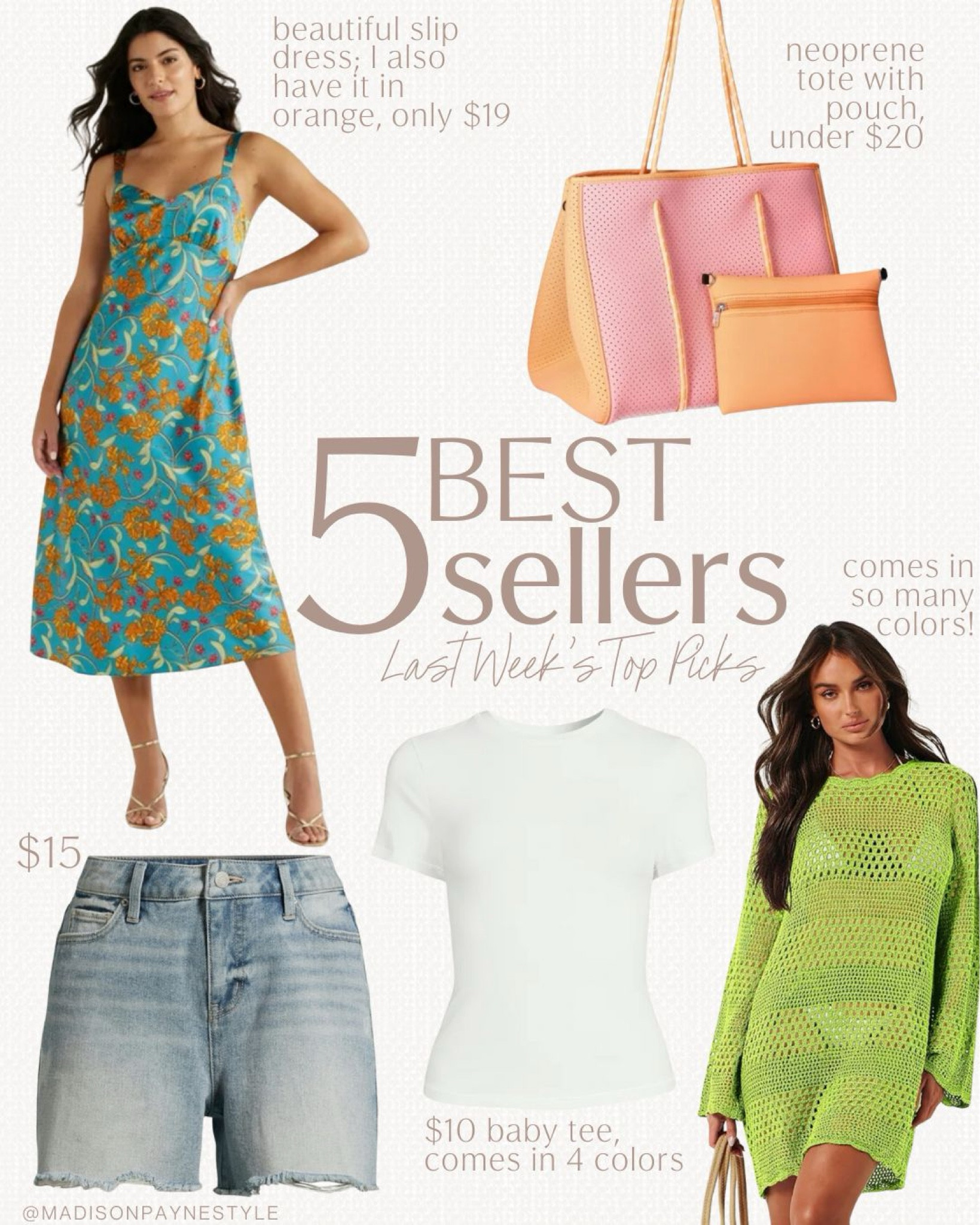 $10 WALMART tee was a best seller last week 🥰 it comes in multiple colors, size up for a relaxed fit. The slip dress is only $19, fits tts, and comes in 2 additional solids. The neoprene tote also comes with a pouch for under $20. The denim shorts have slight distressing, fit tts, only $15. And the crochet cover-up is one of my faves and comes in so many additional colors! 

Spring Outfits, Best Sellers, Walmart, Walmart Fashion, Walmart Style, Madison Payne

#LTKfindsunder50 #LTKstyletip #LTKSeasonal