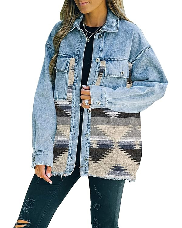 Lumister Women's Aztec Denim Jacket Distressed Lapel Long Sleeve Vintage Button Down Denim Jacket... | Amazon (US)