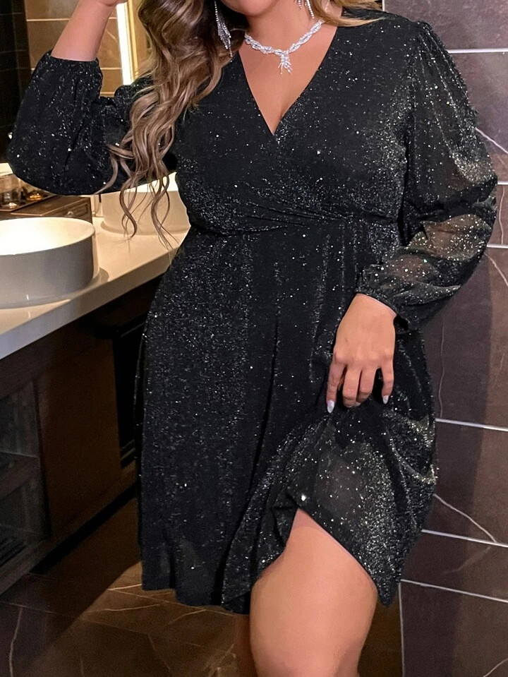 SHEIN Belle Plus Lantern Sleeve Glitter Dress | SHEIN