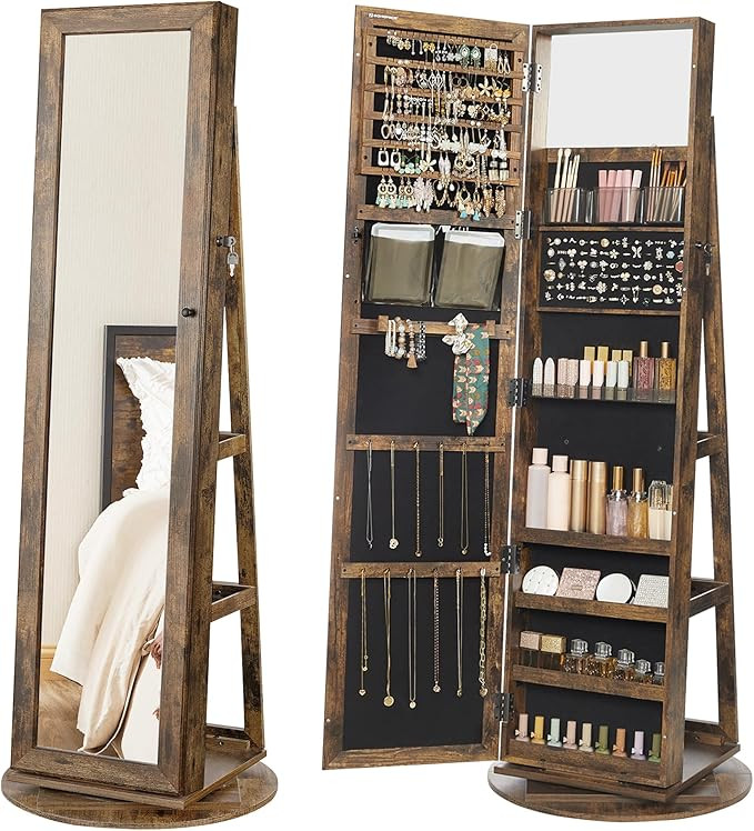 SONGMICS 360° Swivel Jewelry Cabinet, Lockable Jewelry Organizer with Full-Length Mirror, Rear S... | Amazon (US)