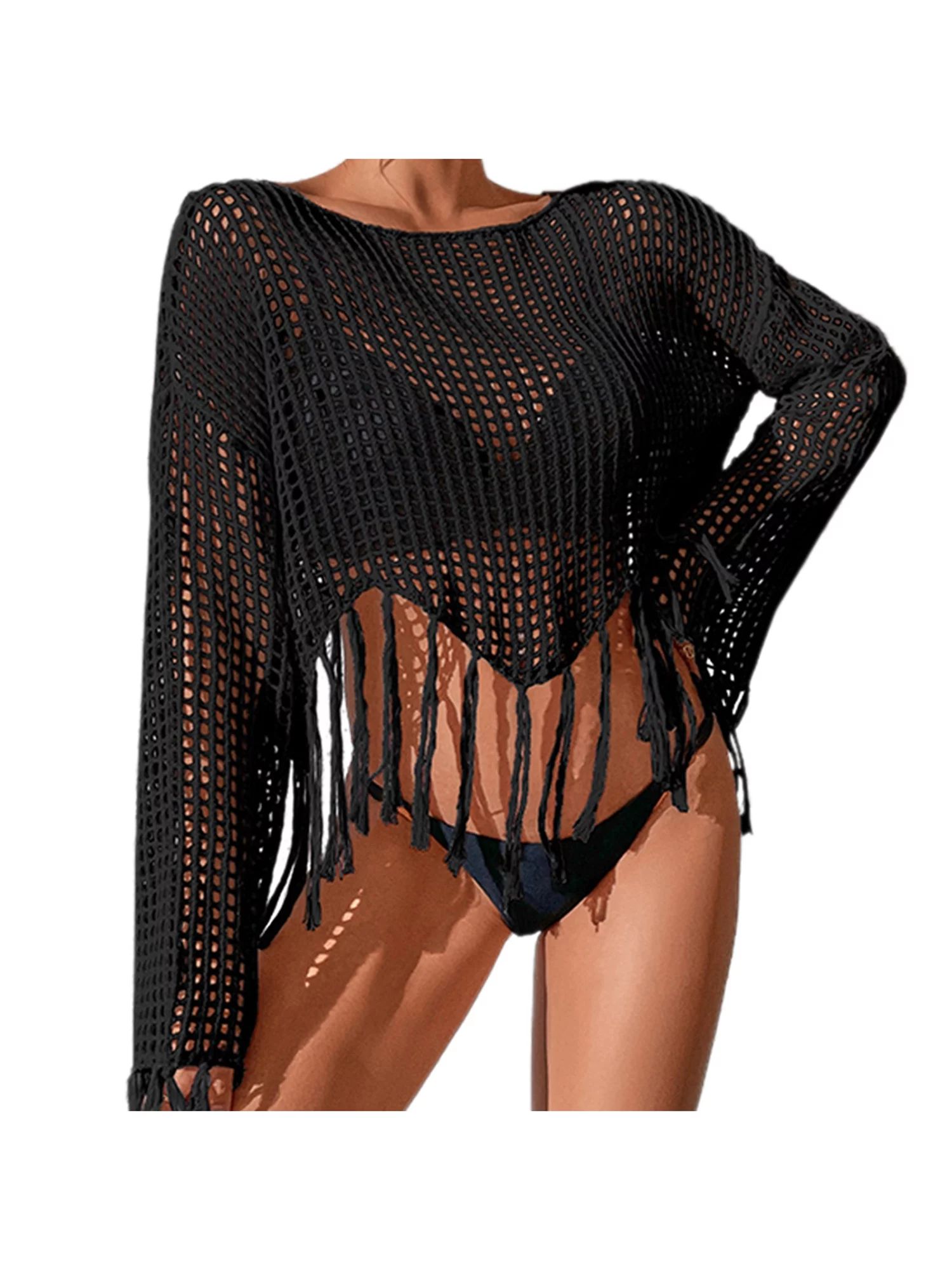 Chollius Women Casual Beachwear Cover-Up Hollow Out Crochet Knitted Crop Tops See Through Fishnet... | Walmart (US)