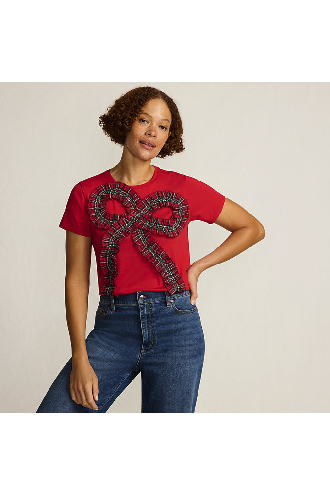 Women's Short Sleeve Supima Cotton Ruffle Bow T-Shirt - Lands' End - Red - M | Lands' End (US)