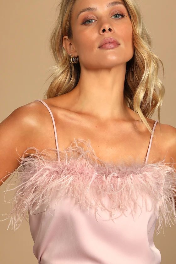 So Much Luxe Blush Satin Feather Tank Top | Lulus (US)