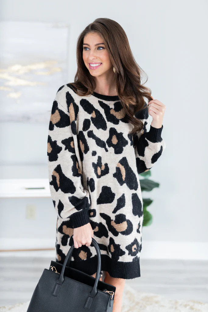 Way To Be Wild Taupe Leopard Sweater Dress | The Mint Julep Boutique